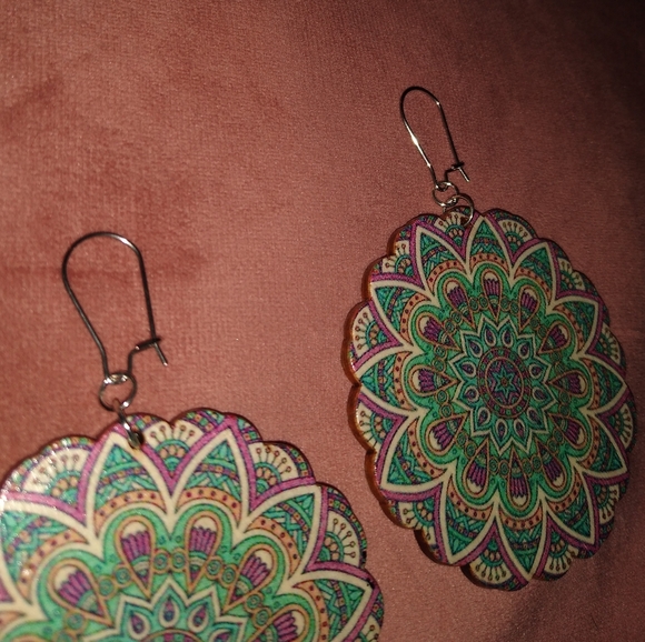 BOGO SALE Big Bohemian Flower Mandala Earrings Wood Purple Green Hippie Festival - Picture 7 of 10